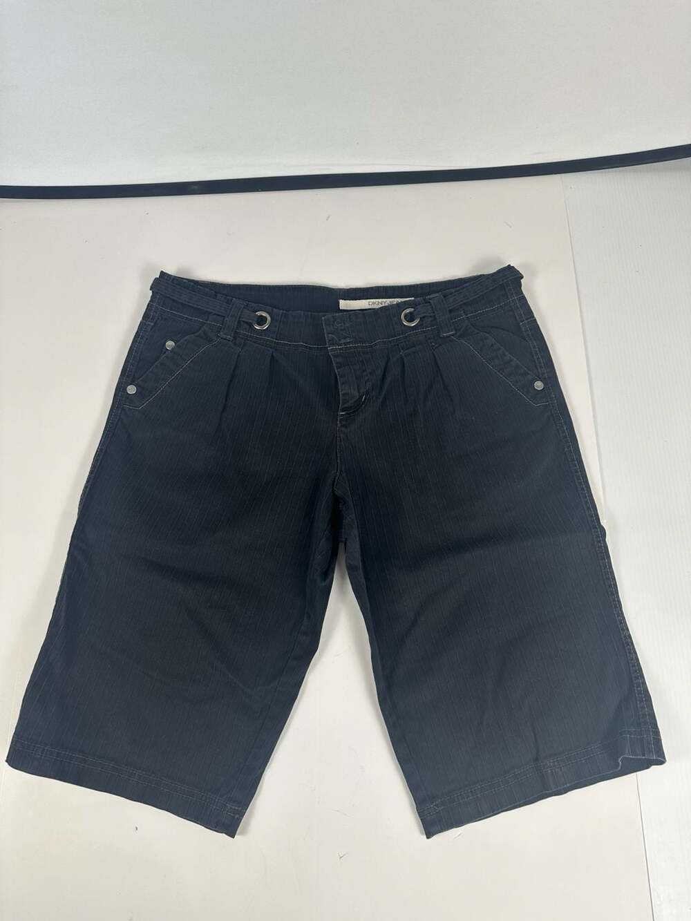 DKNY Jeans Womens 12 Navy Blue Pinstripe Bermuda Shorts Grommet Utility Cuffed